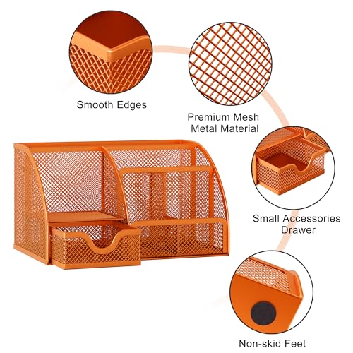 Mesh Desk Organizer with Drawer Multi-functional Pen Holder Stationery Organizer for Office School Supplies 6 Compartments Dorm Organizers and Storage for Desk, Orange - view 3
