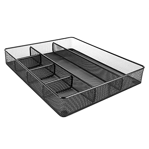 Metal Mesh Desk Organizer with 6 Compartments, Anti-Slip Pen Holder Storage Tray for Office Supplies and Home, Black - view 2