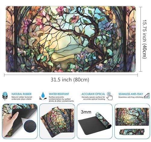 Stained Glass Tree Desk Mat Cartoon Tree Gaming Mouse Pad Large XXL Extended Desk Matt for Desktop, Laptop Computer Keyboard Mouse Mat for Women Office Decor Accessories Deskmat 31.5''x15.7'' - view 3