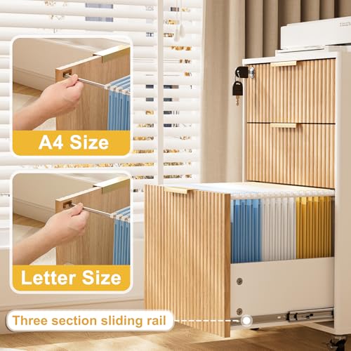 3 Drawers Fluted Mobile File Cabinet with Lock, Rolling File Cabinet Printer Stand Table, Under Desk Wooden Filing Cabinets for Home Office Essentials Storage Organization Furniture Letters/A4(Oak) - view 3