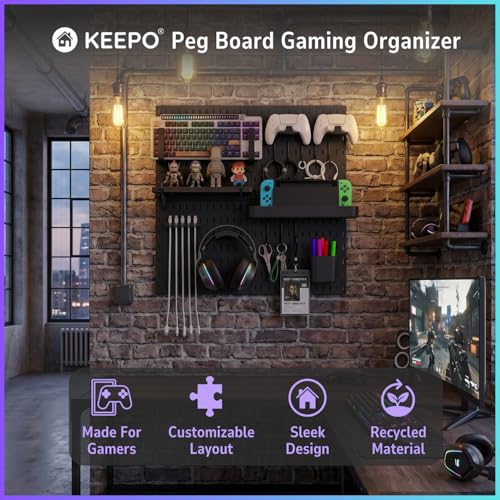 Peg Board Wall Organizer for Gaming Setup, Pegboard with Adhesives & Screw Mounts, Includes Peg Board Accessories for Gaming Accessories, Tech Storage & Office Organization (Black, 22″×22″) - view 2