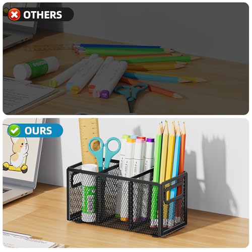 Mesh Pen Holder for Desk, Pencil Holder Desk Organizer 3 Adjustable Compartments, Pencil Cup with Handle Perfect for Classroom, Office, Home, Makeup, Art (Black) - view 5