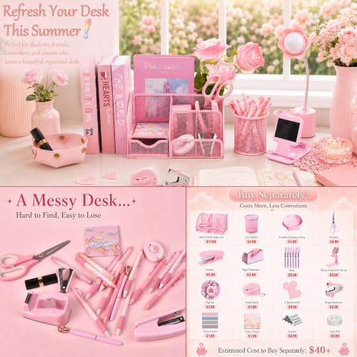 Pink Desk Accessories, 23-Piece Office Supplies Gift Set for Women - view 3
