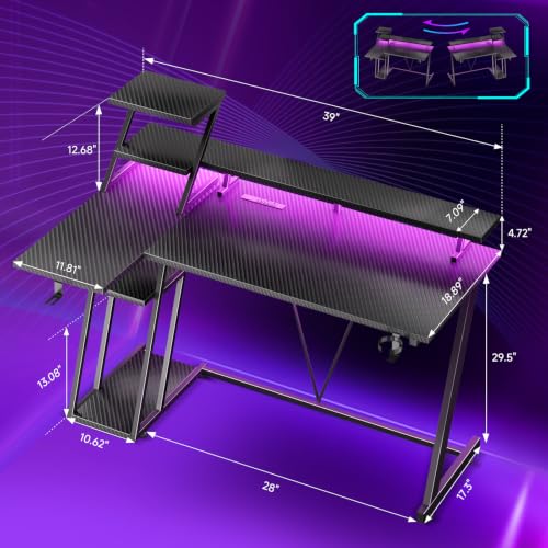 40 Inch Gaming Desk with LED & Power Outlet, Carbon Fiber Black - view 2