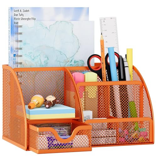 Mesh Desk Organizer with Drawer Multi-functional Pen Holder Stationery Organizer for Office School Supplies 6 Compartments Dorm Organizers and Storage for Desk, Orange