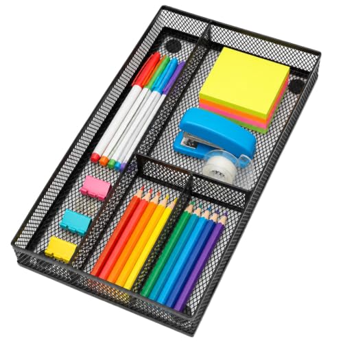 Desk Drawer Organizer Tray,Drawer Organizer for Office and Home,Desk Organizer with Drawers,4 Compartments,Non-Slip Desk Organizers and Accessories for Stationery Makeup School (Black)