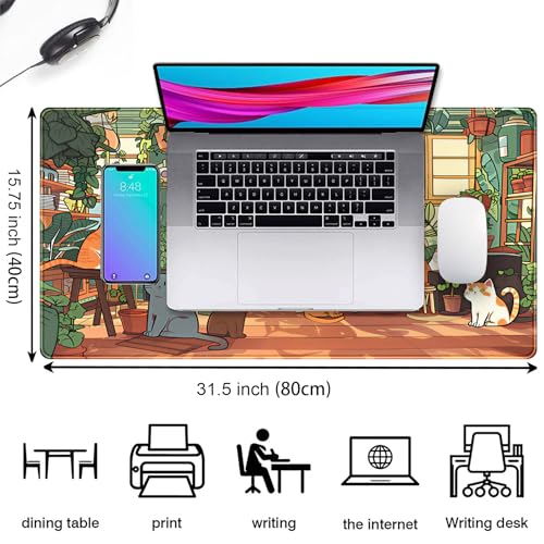 Large Desk Mouse Pad Cute Cats Desk Mat, Extended Gaming Mouse Mat, Office Home Keyboard Pad, Green Plant Computer Mats XXL, Cute Full Desktop Mat, Anime PC Accessories for Women 31.5" x 15.75" - view 2