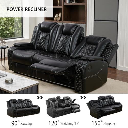 Power Recliner Sofa Set, Breathing Leather Reclining Couch Set, 3 Piece Living Room Furniture Set with LED Lights/Charging Ports/Storage for Home/Office (Black, Sofa+Loveseat+Chair) - view 4