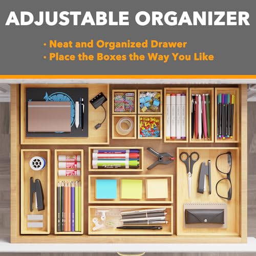 14-Piece Bamboo Drawer Organizer Storage Boxes Set, Wood Tray Junk Drawer Organizers Multi-Use Divider Bins for Kitchen, Bathroom, Office Desk and Makeup Organization (14 Pack, Natural) - view 5