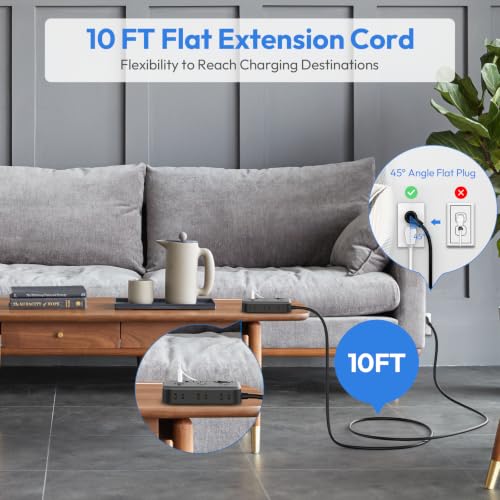 Flat Plug Extension Cord 10 Ft, 6 Widely Spaced Outlet(2 Side) Power Strip with 4 USB Ports, Overload Protection, Wall Mount Charging Station for Home Office, Nightstand and dorm room, Black - view 2