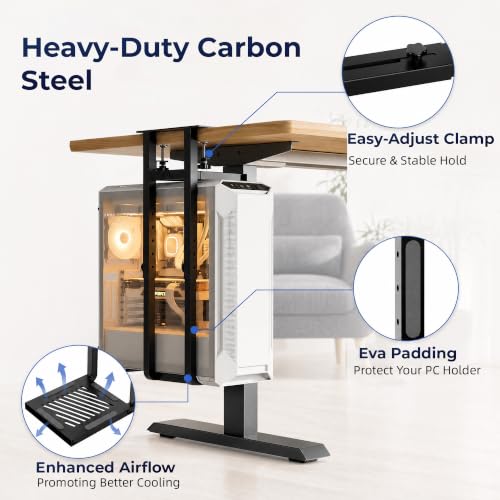 Adjustable Under Desk PC Mount, Clamp-On CPU Holder, Black - view 3