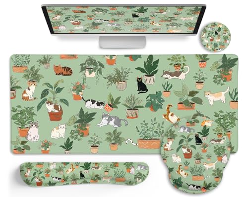Cat Ergonomic Mouse Pad XXL Desk Mat Set, Green Desk Accessories