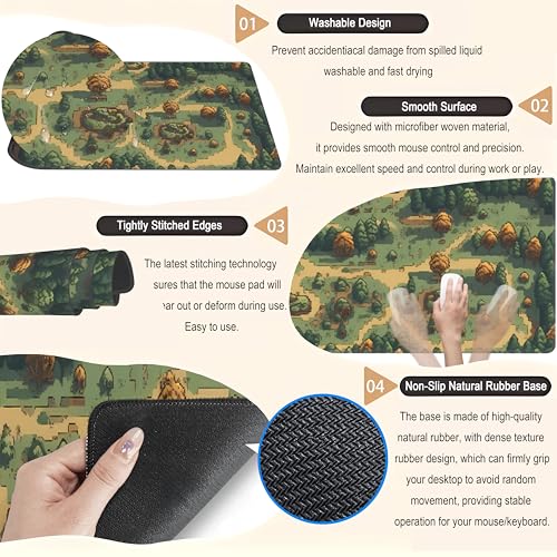 Retro Brown Green Desk Mat XL Large Gaming Green Forest Pixel Mouse Pad Non-Slip Rubber Base Mousepad, Keyboard Mouse Mat, Laptop Computer Mat with Stitched Edges, Office Work Mat 31.5x11.8 in - view 5