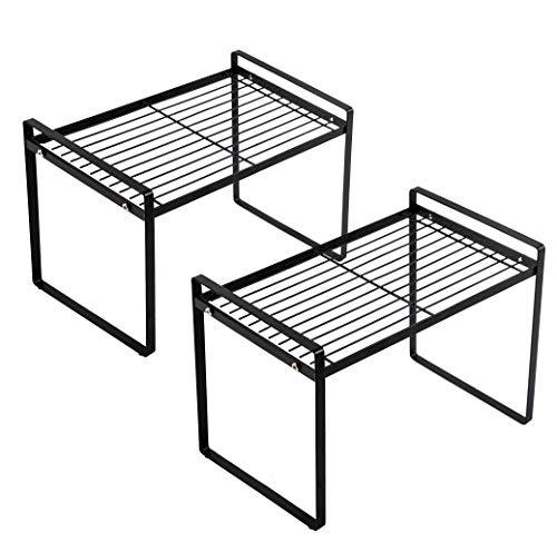 2pk Kitchen Cabinet Shelf Counter Organizer Rack Pantry Storage Bathroom Bedroom Office Table Desk Space Saving Steel Frame Stackable Rust Resistant Non Slip Black-Tall-L13in W8.3in H9.5in