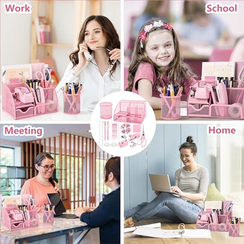 11 Pcs Pink Office Supplies Set Mesh Desk Organizer Accessories Kit - view 7