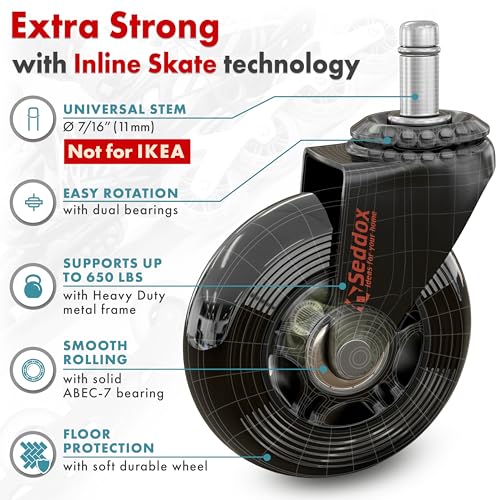 Office Chair Wheels Replacement Set - Soft Desk Chair Casters for Wood Hardwood Floors & Carpet - Heavy Duty & Safe For All Floors Without Chair Mats - Fits 98% Computer Gaming & Office Chairs - Black - view 4
