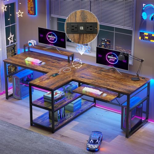 94.5" 2 Person Gaming Desk with Storage Shelf,LED Light,Rustic Brown