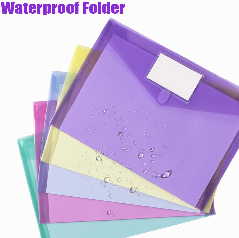 10 Pack File Folders, Clear Poly Envelopes Plastic Folders, Folder for Documents Letter A4 Size with Label Pocket, Teacher School Office Supplies Organization Storage, Assorted Color - view 3
