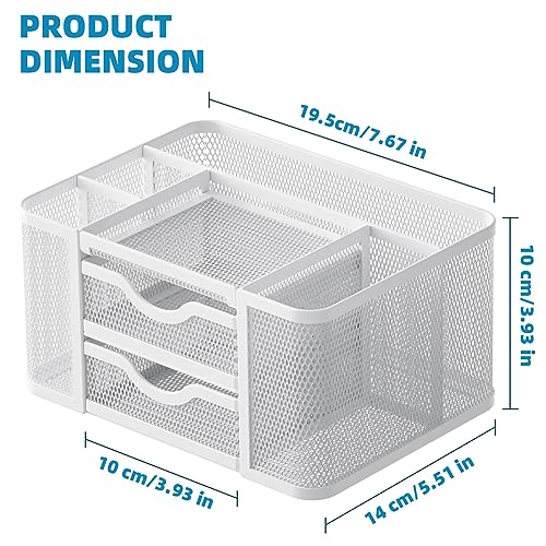 Mesh Desk Organizer, Pen Organizer with 2 Drawer, Multi-Functional Pencil Holder, Desk Organizers and Accessories with 5 Compartments + Drawer for Office Art Supplies (White) - view 4