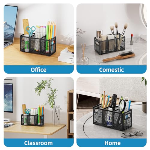 Mesh Pen Holder for Desk, Pencil Holder Desk Organizer 3 Adjustable Compartments, Pencil Cup with Handle Perfect for Classroom, Office, Home, Makeup, Art (Black) - view 6