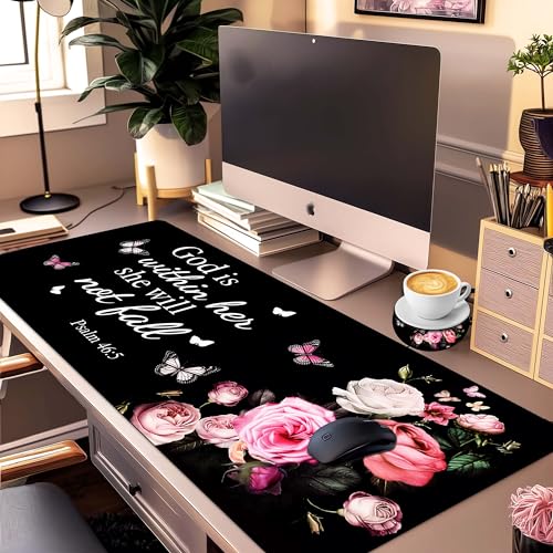Extended Large Gaming Mouse Pad with Coaster - 35.4 x 15.7 Full Desk Mousepad - Stitched Edges - Ultimate Gaming Desk Mat - Bible Flowers - view 2