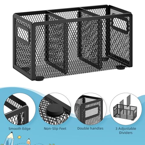 Mesh Pen Holder for Desk, Pencil Holder Desk Organizer 3 Adjustable Compartments, Pencil Cup with Handle Perfect for Classroom, Office, Home, Makeup, Art (Black) - view 4