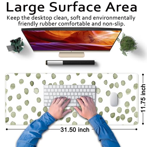 Cute Polka Dot Minimalist Green Keyboard Pad Simple & Atmospheric Desk Mat XL Large Mouse Pad for Women Office Desk Decor Desk Pad with Stitched Edges 31.5x11.8in, Computer Laptop Pad Gaming Mousepad - view 6