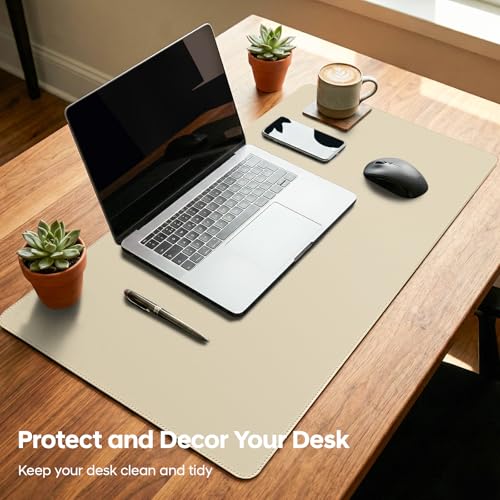Leather Desk Pad Protector, Office Desk Mat, Large Mouse Pad, Non-Slip PU Leather Desk Blotter, Waterproof Computer Desk Writing Pad for Office and Home (Beige, 23.6" x 13.7") - view 2