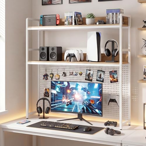 Desktop Bookshelf, Multipurpose 2-Tier Desk Hutch with Pegboard, Industrial Countertop Storage Organizer Rack for up to 32" Computer Monitor, Hutch for Dorm Home Office (Natural) - view 5