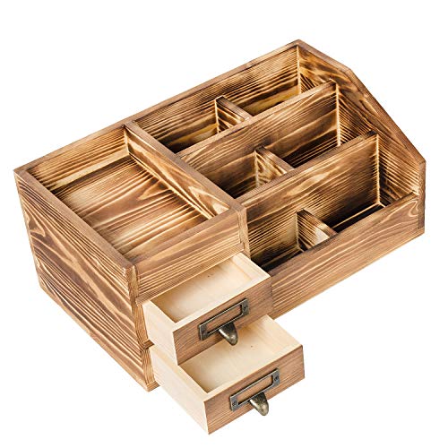 Liry Products Rustic Wooden Desktop Organizer Office Supplies Brown Tabletop Storage Cabinet Stepped Rack Multiple Compartments 2 Tier Drawers Makeup Accessory Jewelry Sorter Display Box Home Office - view 3
