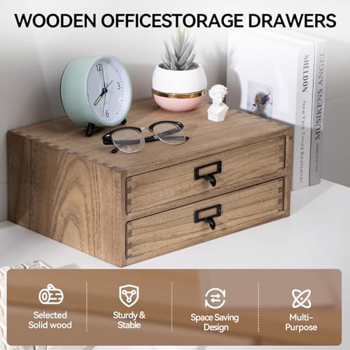 Solid Wood Desk Organizer with 2 Drawers, Desktop Storage, Brown - view 3