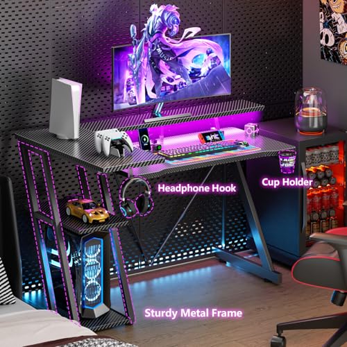40 Inch Gaming Desk with Power Outlet, LED, Carbon Fiber Black - view 6