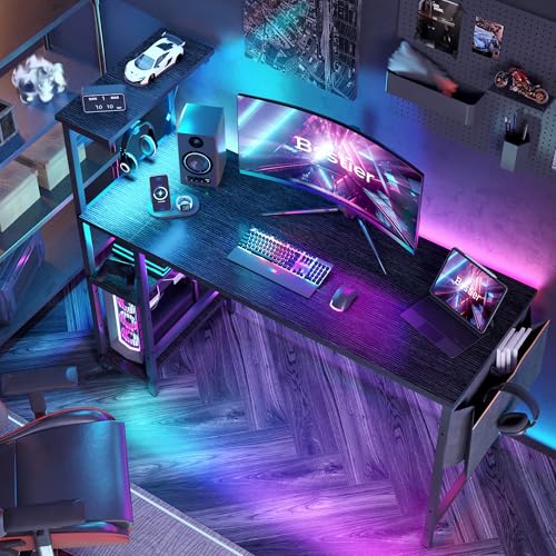 Gaming Desk with LED Lights, 51.3 Inch Computer Desk with 4 Tiers Reversible Shelves, Home Office Writing Desk with Side Storage Bag, Hooks and Height Adjustable Shelf (Black Grained) - view 3