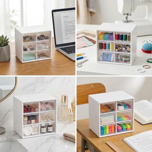Small Drawer Organizer for Desk with 6 Clear Drawers, Mini Desktop Storage Box Plastic Craft Organizer for Office School and Home, White Drawer Organizer for Small Items Accessories Supplies - view 5