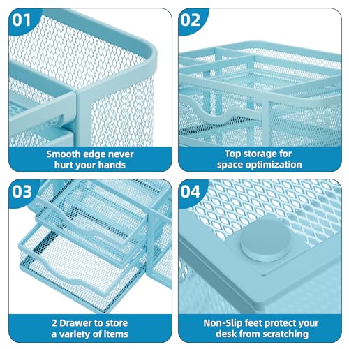 Mesh Desk Organizer, Pen Organizer with 2 Drawer, Multi-Functional Pencil Holder, Desk Organizers and Accessories with 5 Compartments + Drawer for Office Art Supplies (Blue) - view 6