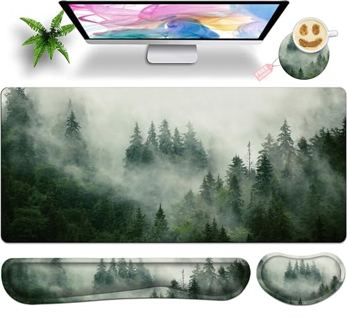 Forest Desk Pad Large Gaming Mouse Pad Set 35.4 x 15.7 with Keyboard Wrist Rest, Wrist Support, and Coaster Memory Foam Smooth Desk Pad Mousepad for Home Office School