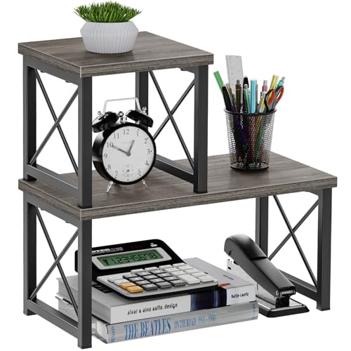 Desk Shelf for Top of Desk, Wood Desktop Shelf, 2 Tier Adjustable Bookshelf Organizer, Freestanding Stackable Desk Stand Storage Organizers Kitchen Counter Display Rack