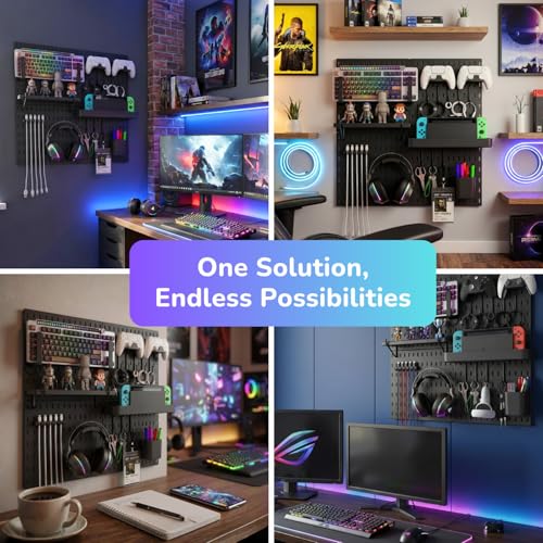 Peg Board Wall Organizer for Gaming Setup, Pegboard with Adhesives & Screw Mounts, Includes Peg Board Accessories for Gaming Accessories, Tech Storage & Office Organization (Black, 22″×22″) - view 7