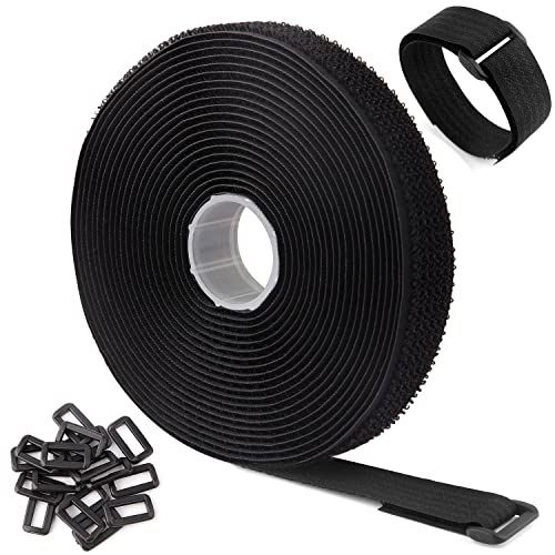 16Ft x 1In Adjustable Cable Straps with 25 Buckles, Free Cut Length, Black Reusable Fastening Cable Ties, Hook and Loop Securing Strap for Cable Tidy, Wire Management, Cord Organiser, Black