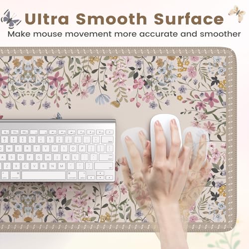 Beige Floral Desk Pad, Large Keyboard Mat Stitched Edge Surface - view 3