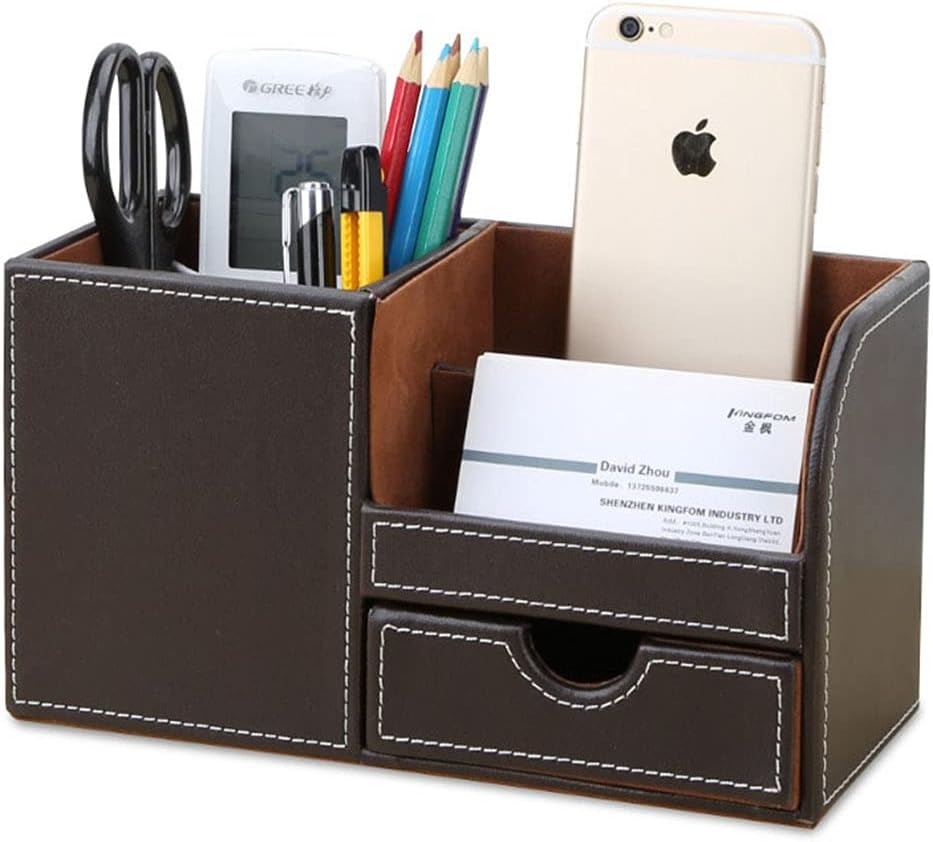 Desk Organizer Office Supplies Caddy Pu Leather Multi-function Storage Box Pen/Pencil,Cell phone, Business Name Cards Remote Control Holder with Small Drawer Brown - view 4