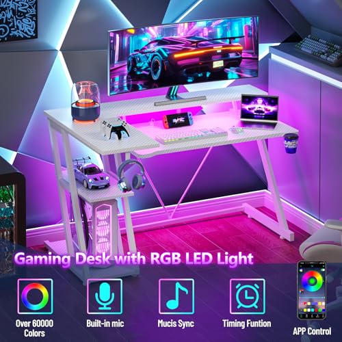 40 Inch Gaming Desk with Power Outlet, LED, Carbon Fiber White - view 4