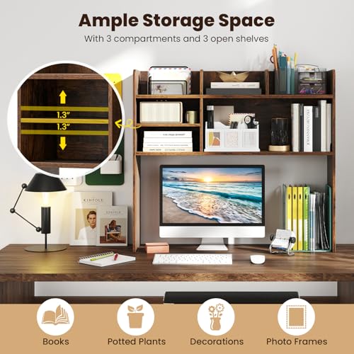 Desk Hutch, 37" Desktop Bookshelf with 6 Shelves, Wooden Desktop Organizer Display Rack with Adjustable Shelf, 3 Tier Desk Topper for College Dorm, Hutch Top Only - view 4