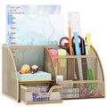 Mesh Desk Organizer with Drawer Multi-functional Pen Holder Stationery Organizer for Office School Supplies 6 Compartments Dorm Organizers and Storage for Desk, Gold