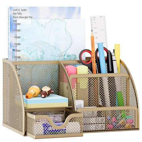 Mesh Desk Organizer with Drawer Multi-functional Pen Holder Stationery Organizer for Office School Supplies 6 Compartments Dorm Organizers and Storage for Desk, Gold