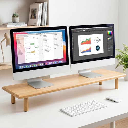 Bamboo Dual Monitor Stand Riser, Natural Desk Shelf with Storage - view 5