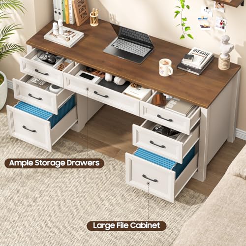 Farmhouse Executive Desk, Wood Home Office Desk with 2 Large File Drawers and 5 Storage Cabinets, Rustic Writing Desk for Work and Study, Brown - view 6