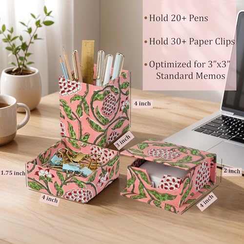 Strawberry Pink Block Print Desk Organizer Pen & Notepad Holder Set-3 - view 5