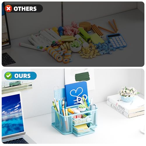 Mesh Desk Organizer, Pen Organizer with 2 Drawer, Multi-Functional Pencil Holder, Desk Organizers and Accessories with 5 Compartments + Drawer for Office Art Supplies (Blue) - view 7