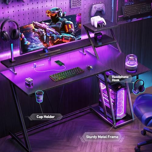 40 Inch Gaming Desk with LED & Power Outlet, Carbon Fiber Black - view 6